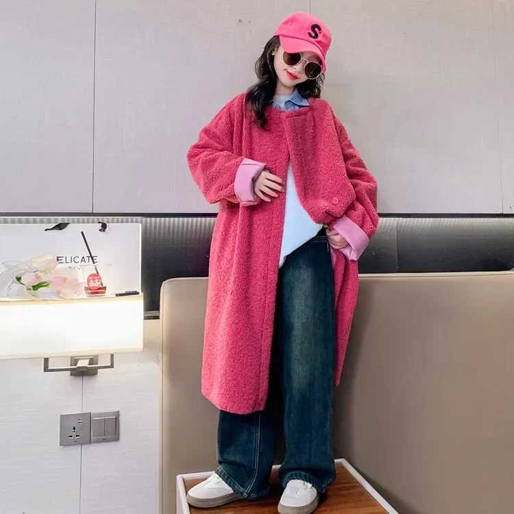 Girls fur coat autumn long wool coat youth coat rose casual loose childrens clothing 12 13 14 years old W241023