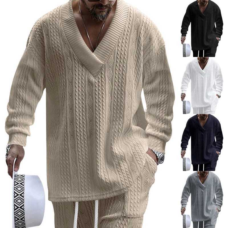 2024 Autumn and winter new European and American mens jacquard loose knitting solid color leisure V-neck long sleeve sweater LX241024