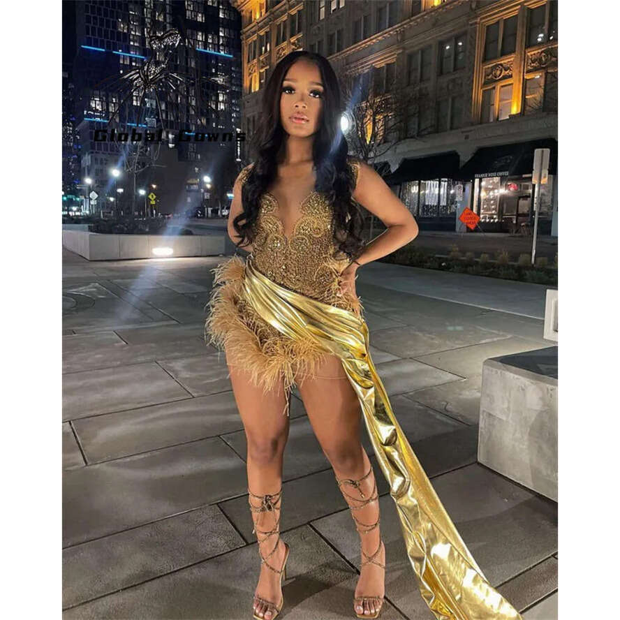 Gold Sweetheart Short Prom Dress For Black Girls Beaded Crystal Feathers Birthday Party Dresses With Mini Abiti Da Tail 6660305