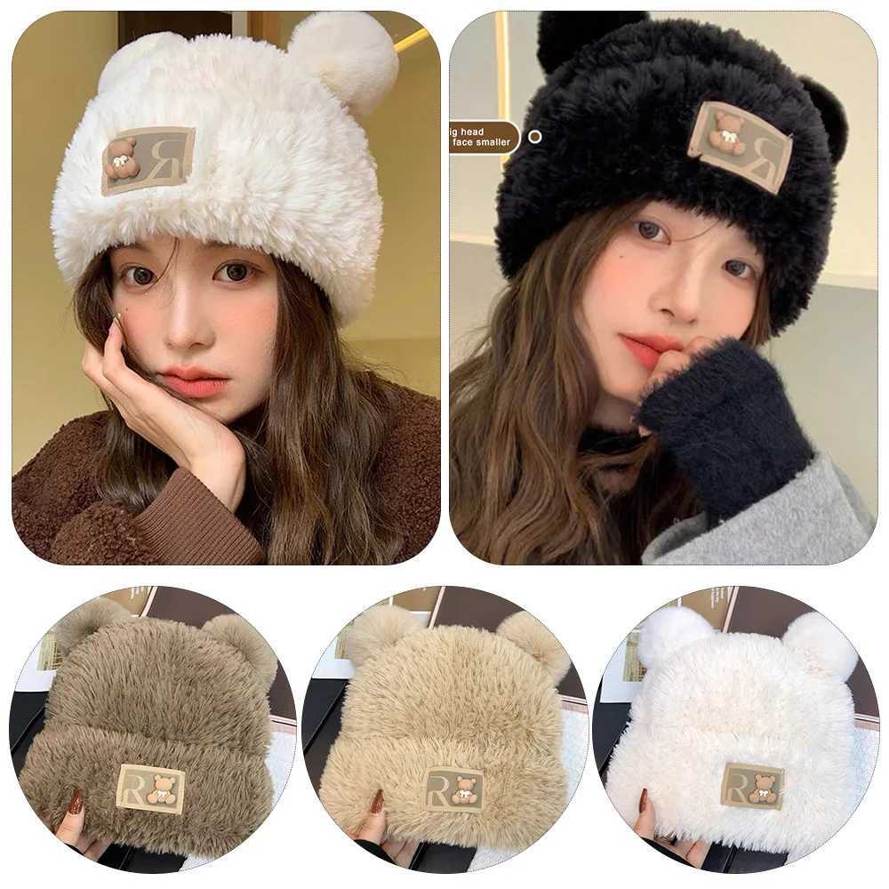 New ear protection plush hat plush cute bear bean hat wool warm hat X241023