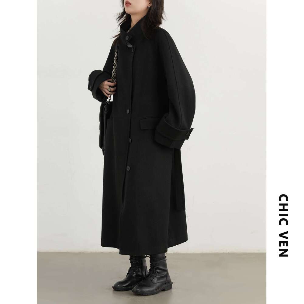 CHIC VEN Women's Overcoat Single Breasted Loose New Long Coat Stand-Up Collar Female Topcoat With Belt Autumn Winter 2024