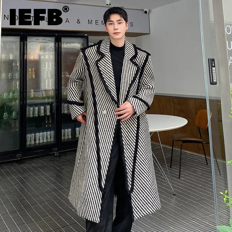 IEFB winter mens wool long coat thick woven twill lapel wool coat Korean style windproof agent trend autumn 9C3302 241024