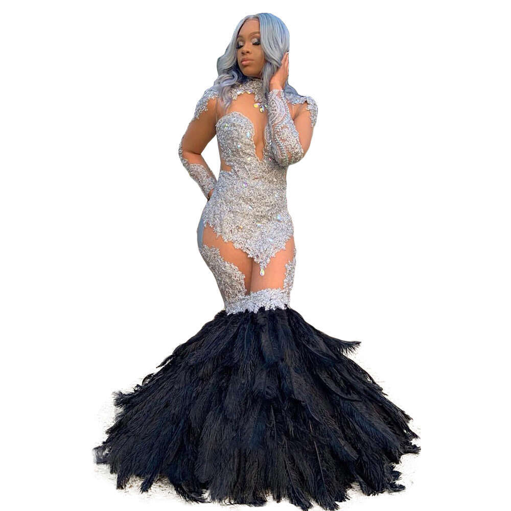 Sexy Prom Dresses For Women Applique Crystal Dress Slim Fit Long Sleeves High Collar Gown Evening Party Feather Skirt