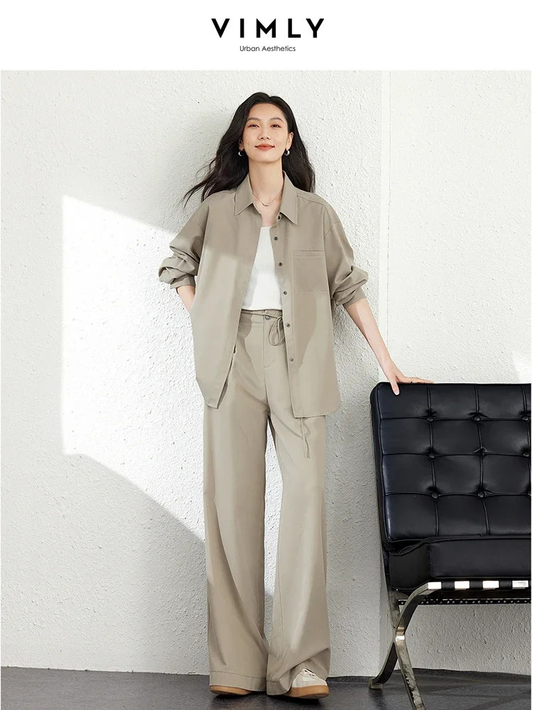 VIMLY Fashion 2PCS Womens Work OL Pants Set Autumn Long Sleeve Button Down JacketWide Leg Trouser Simple Casual Set 241023