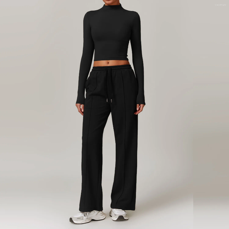 Active Sets 2Pcs Sports Set Women Fiess Yoga Suit Gym Sportswear Running Long Sleeve Wide Leg Pants Workout Tracksuits Athletic Wear