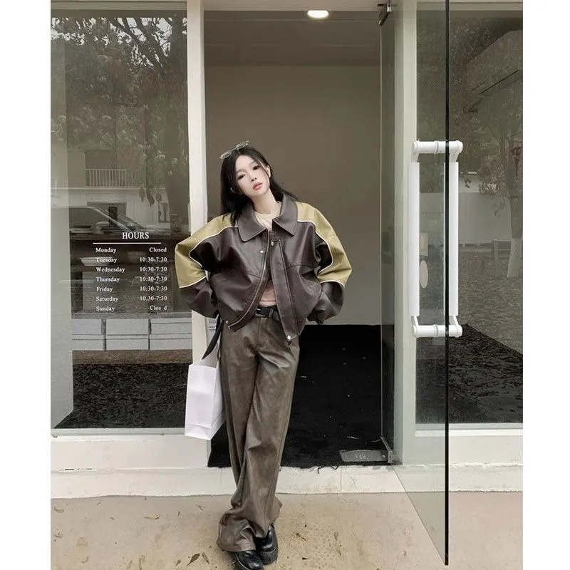 American Retro Splicing Comparison Leather Jacket Womens Y2K Street Fashion Gothic Harajuku BF Sweet Cool Motorcycle Jacket 241024