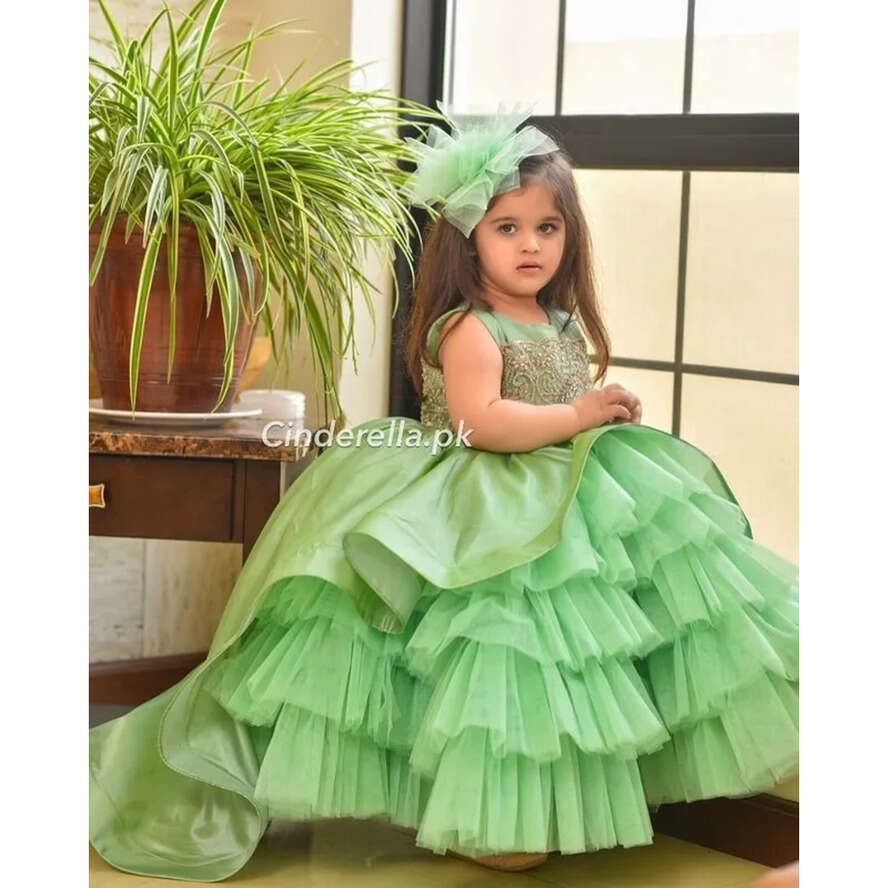 2021 Beaded Lace Wer Girl Dresses Ball Gown Satin Tiers Lilttle Kids Birthday Pageant Weddding Gowns