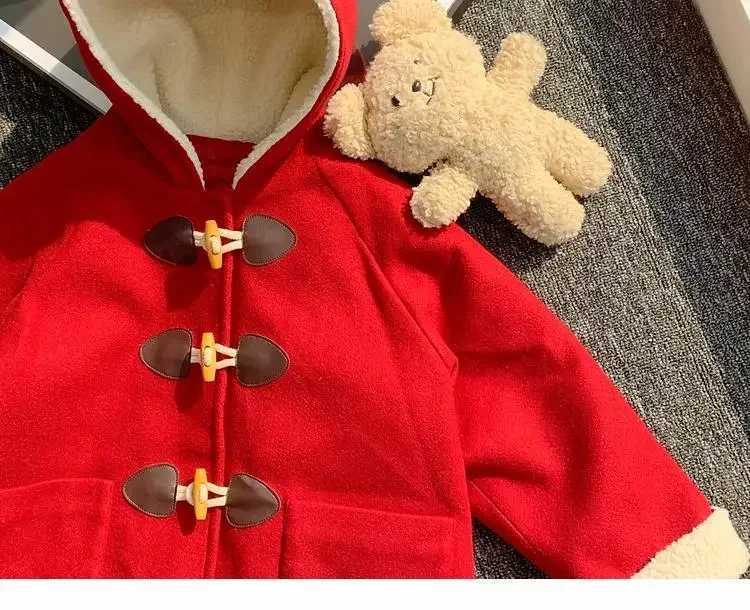 Horn button jacket winter new childrens wool jacket baby girl apron warm and comfortable W241023
