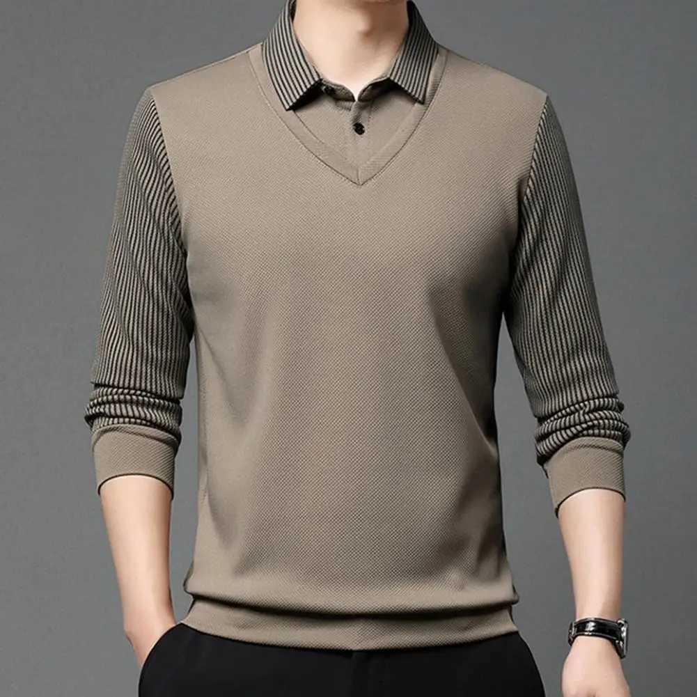 Shirt Collar Sweater Mid-aged Mens Formal Business Style Striped Sweater with Lapel Thick Plush Warm Knitted Pullover for Fall LX241024