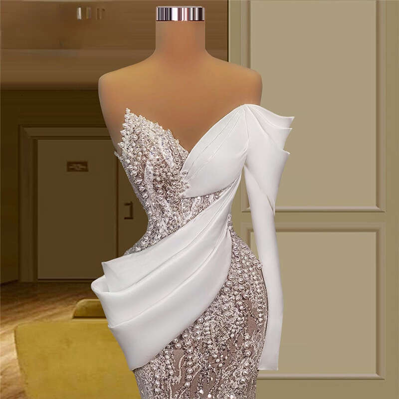 Prom Dress Pearls 2024 Spring One Shoulder Long Sleeve Beads or Length Elegant Evening Gowns Abiye