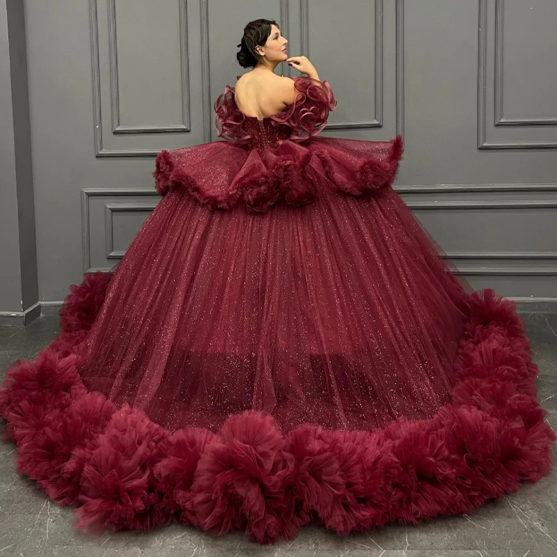 Red Quinceanera Dresses Off The Shoulder Sweet 16 Years Old Party Princess Appliques Lace Beads Crystal Tull Tiered Birthday Party Dress Vestido 15 De