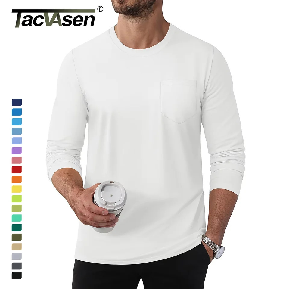 TACVASEN long sleeved cotton T-shirt mens chest pocket casual T-shirt moisturizing staff neck basic tee top mens zipper 241024