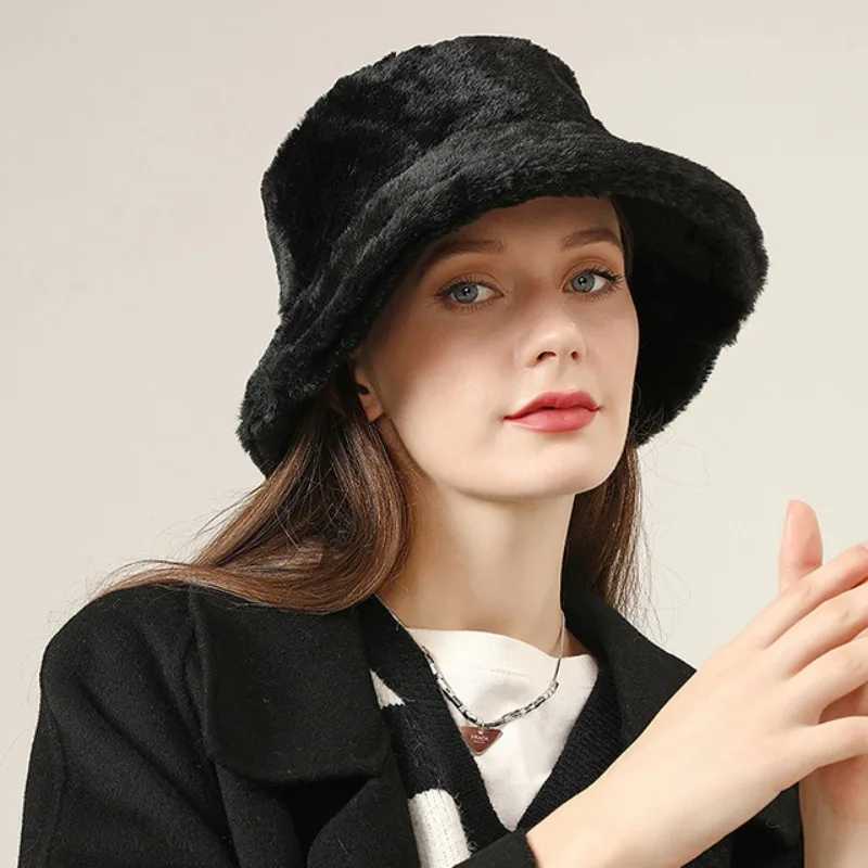 Plush fluffy fur bucket hat suitable for warm and soft girls in autumn Korean version hat hat solid cotton outdoor sun hat X241023