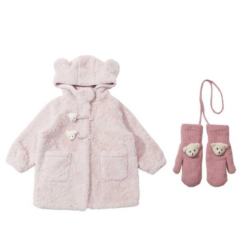 Autumn winter children wool coats solid bear ear prints baby jackets wool synthetic fur warm little girls long coat gloves W241023