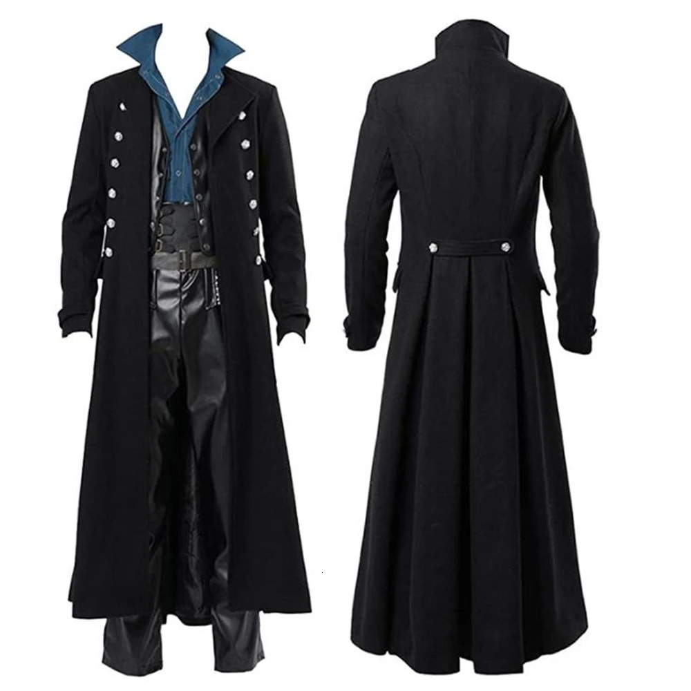 Mens Gothic Trench Medieval Steampunk Retro Coat Double layered Decoration Solid Mens Collar Coat Retro Long Trench 241024