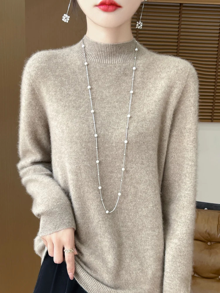 Autumn Winter Womens Sweater 100% Merino Wool Collar Knitted Fabric Womens Long Sleeve Cashmere Dress 241024