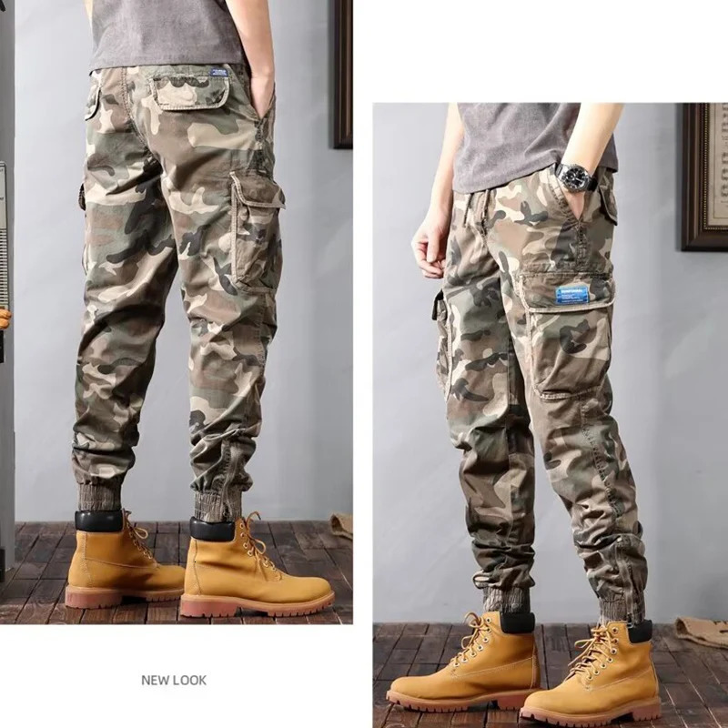 Mens trend camouflage outdoor cargo pants basic hiking and climbing sports mens multi pocket bundled foot casual pants 241023