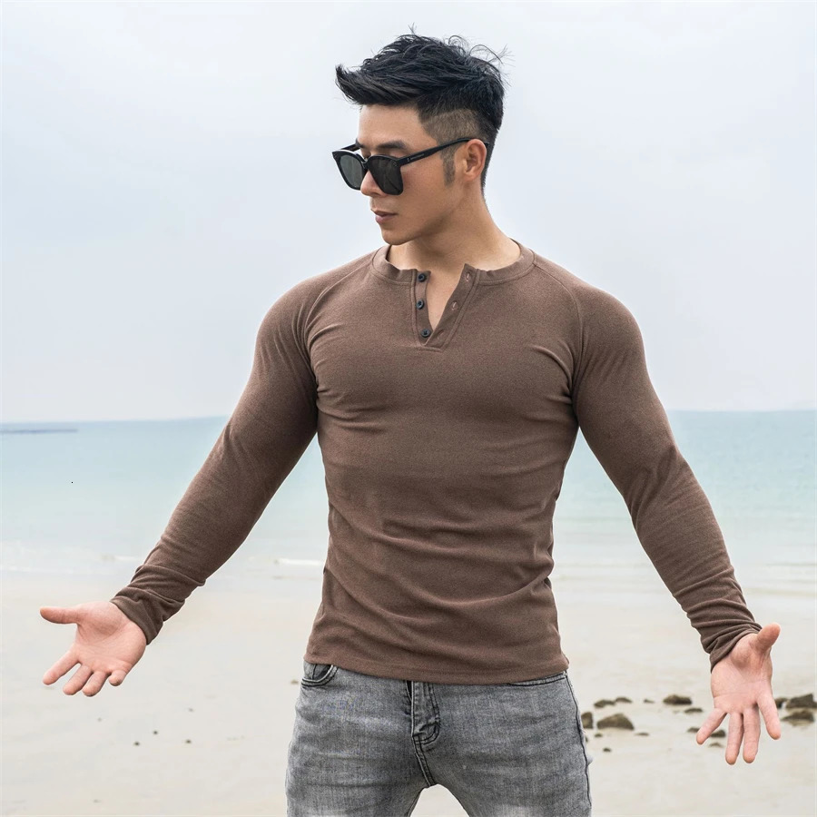 Casual long sleeved cotton T-shirt mens gym fitness exercise slimming T-shirt mens solid T-shirt top sports training clothes 241024