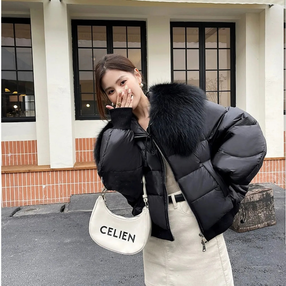 genuine fur leather jacket natural raccoon fur coat womens thick Parka loose short white duck coat winter inflatable jacket 241023