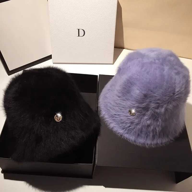 Fashion designer Xin M rabbit fur leather bucket hat warm winter Korean casual version fluffy bucket hat white warm basin hat X241023