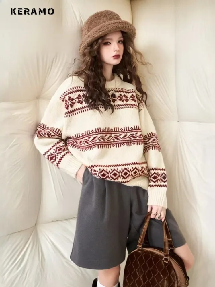 Sweet Casual Christmas Style Knitted Long Sleeve Pullover Winter Fashion Womens Geometric Printed Jumper Round Neck Sweater 241024