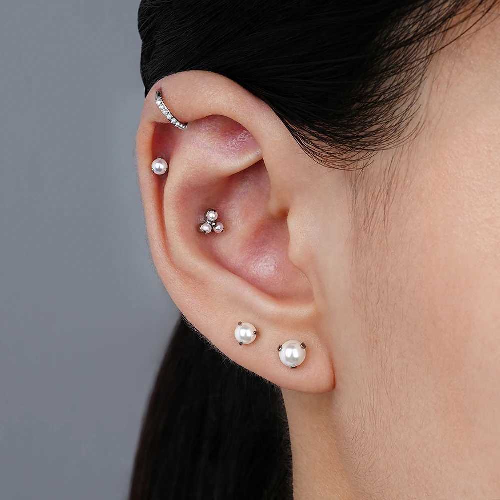 Grand ASTM F136 Titanium 16G Trinity Pearl Earrings Helix Tragus Earrings Three Flower Earrings Lipstick Perforated Jewelry W241023