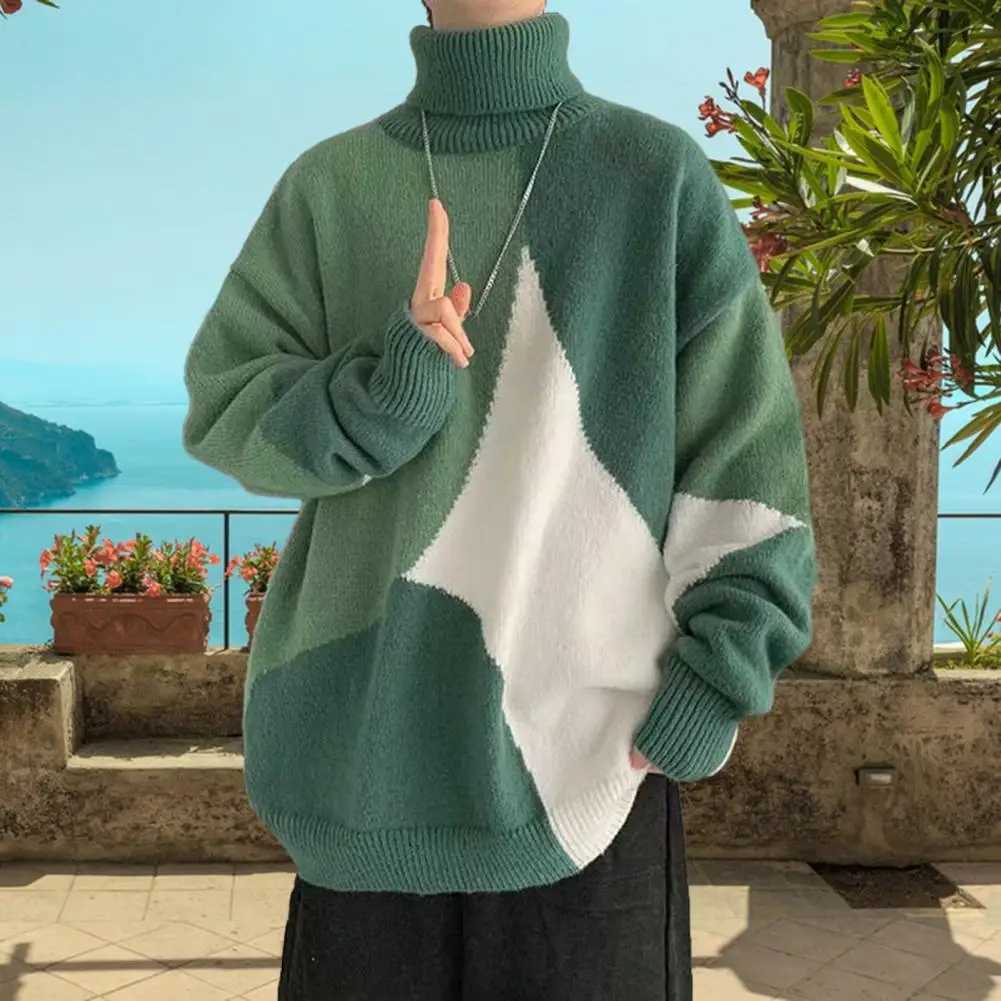 High Collar Sweater Colorblock Knitted Turtleneck Mens Sweater with High Collar Neck Protection Soft Warmth Elastic Mid Length LX241024