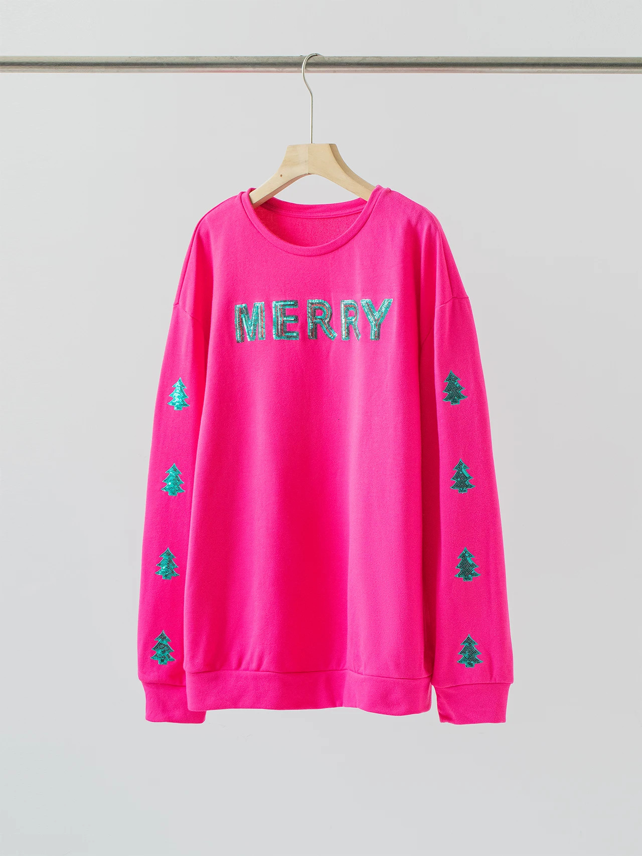 Christmas Tree Glitter Winter Floral Cotton Blended Round Neck Christmas Top Fashion Long Sleeve T-shirt 2025 Style 241011