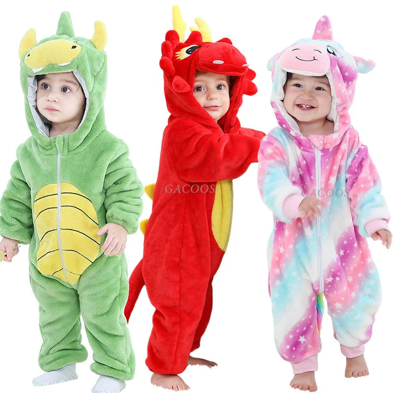 Preschool boy Onesies baby girl Kigurumi sleepwear dragon unicorn cow animal role-playing costume winter plush jumpsuit 1 to 2 3 4 years 241024