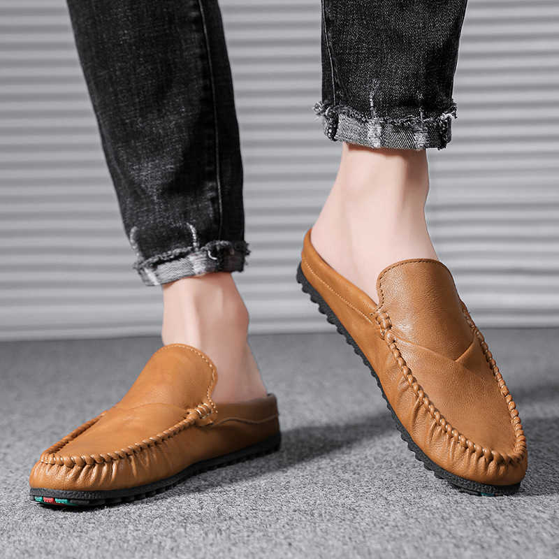 Men Dress Shoes Fitting Room Bean Shoes Mens Summer No Heel Half Dragged Mens Leather Shoes Mens Casual Shoes Lazy Shoes 241009