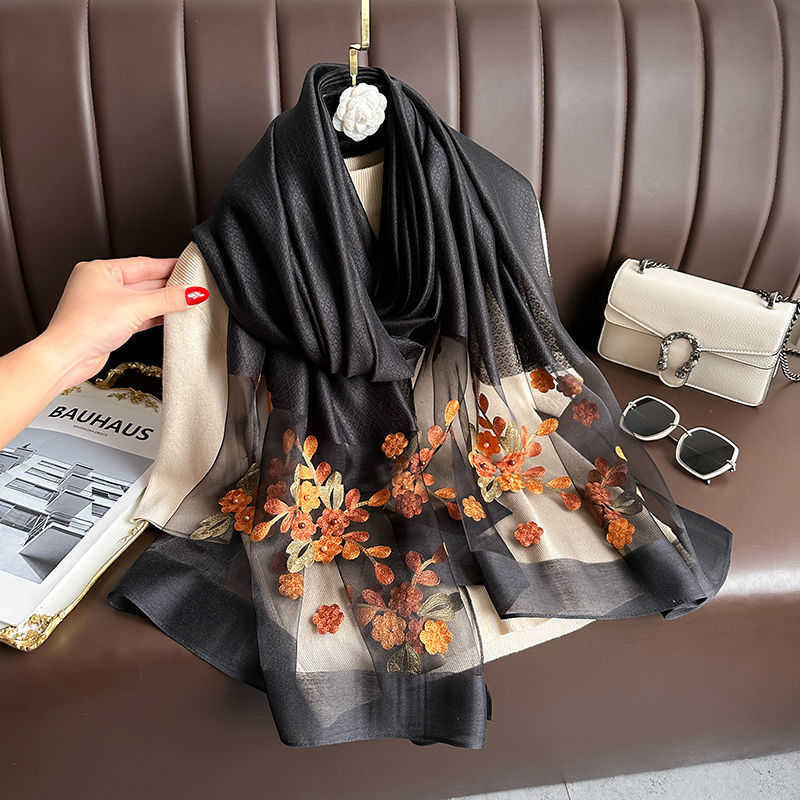 Versatile Scarnd and Autumn designers scarf ece Nail Embroidered Begonia Summer silk Scarf Spring Bead L nice