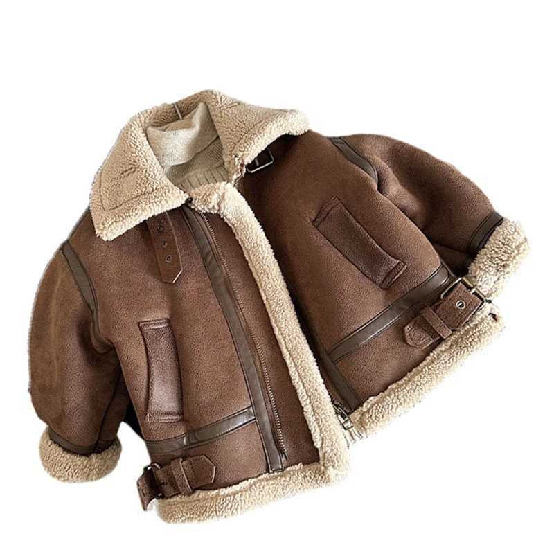 Childrens wool jacket 2023 winter new baby boys and girls sliding suede fur one-piece jacket fashionable high neck cotton dress W241023