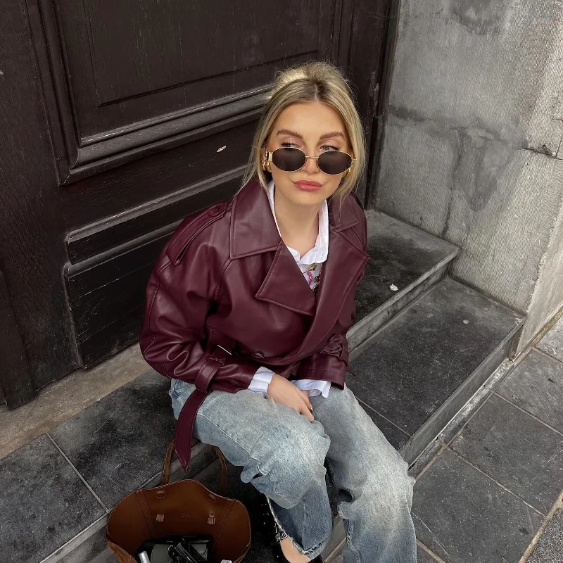 TRAF Faux Leather Bomber Jackets For Fashion Cropped Woman Streetwear Outerwears Long Sleeve Jacket Women Coats