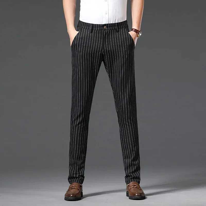 Autumn Stripe Trousers Men Formal Work Business Red Grey Blue Black Slim Fit -free Office Luxury Suit Pants 30-38X241023