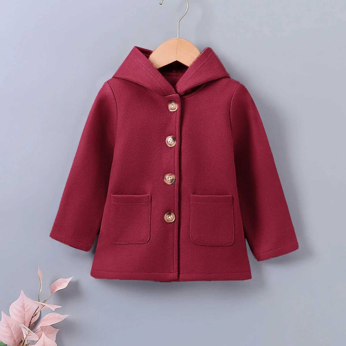 Winter long sleeved solid color single chest hooded long sleeved wool jacket suitable for small and medium-sized girls W241023