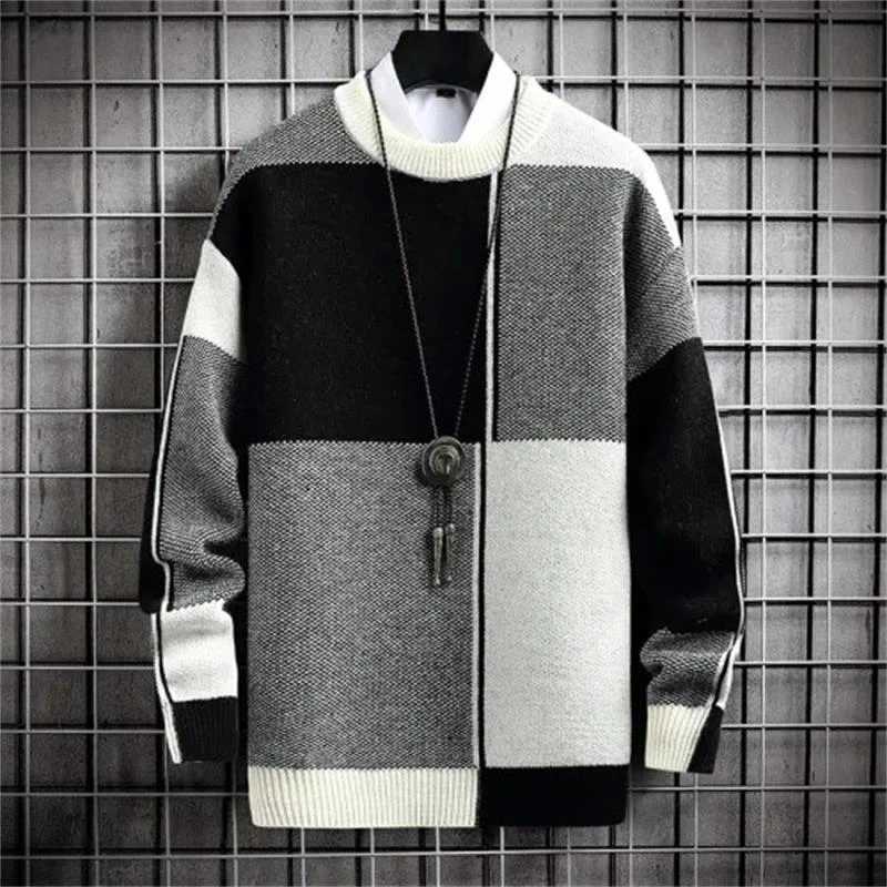 Half High Collar Color Blocking Warm Sweater High Quality Men Spring Autumn Slim Leisure Korean Long Sleeve Loose Knit Pullover LX241024