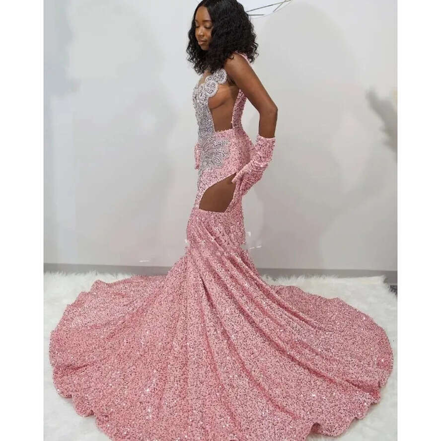 Sparkg Peach Pink Long Prom Dress 2024 For Black Girls Sexy Diamante Sequins See Through Birthday Party Gowns Vestidos
