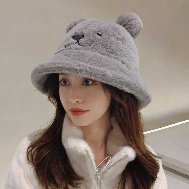 Plush Bear Fishermans Hat Fahsion Autumn/Winter Outdoor Warm and Cute Cartoon Bucket Hat Soft Velvet Hat X241023