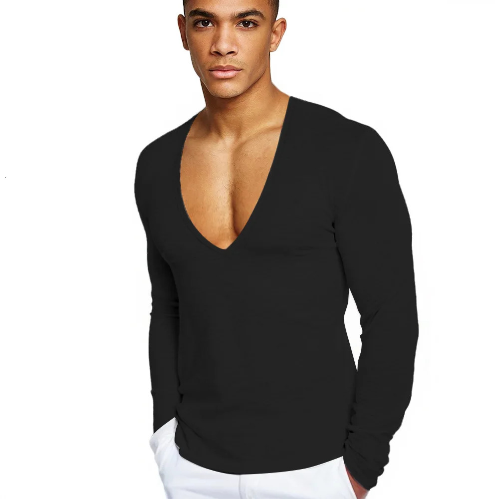 Mens deep V-neck T-shirt plus size mens long sleeved T-shirt solid color casual mens T-shirt MRMT 241024