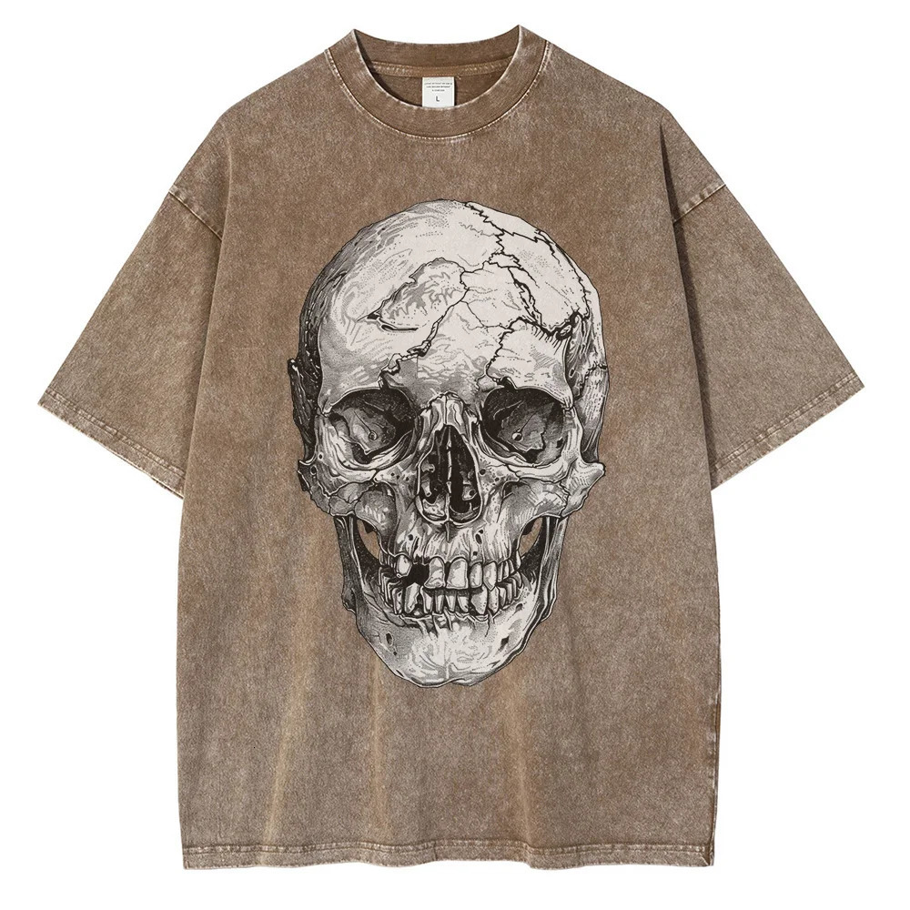 Heavy duty pure cotton washed T-shirt with large head bone printed graphite T-shirt shoulder drop retro oversized T-shirt 241024