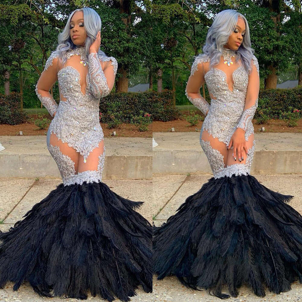 Sexy Prom Dresses For Women Applique Crystal Dress Slim Fit Long Sleeves High Collar Gown Evening Party Feather Skirt