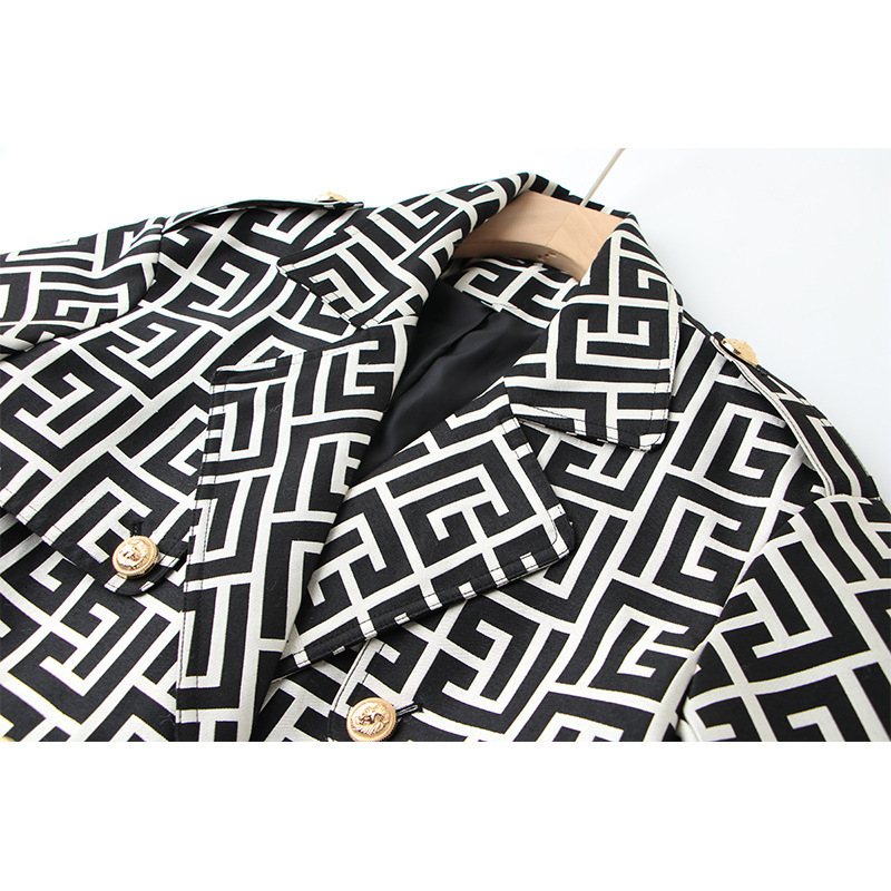 european and american style trench coat women's loose fit lace up spring and autumn new heavy industry coat black and white ten thousand characte