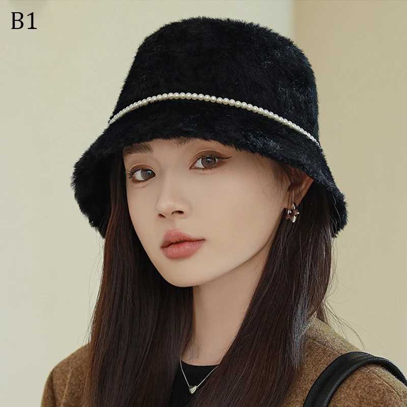 Elegant pearl bucket hat plain color fisherman INS hat autumn and winter fur wool cute outdoor warm Panama hat for ladies X241023