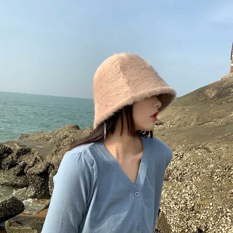 2021 Solid Color Rabbit Fur Hat Bucket Hat Warms Autumn and Winter Fishermans Hat Retro Knitted Wool Bottom Hat Bucket Hat X241023