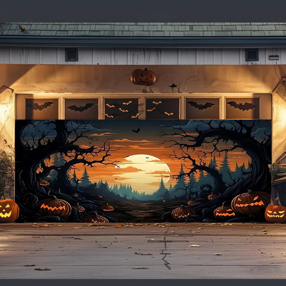 Halloween garage door banner haunted house pumpkin bloody hands Christmas gnome banner wall background decoration curtains 241023