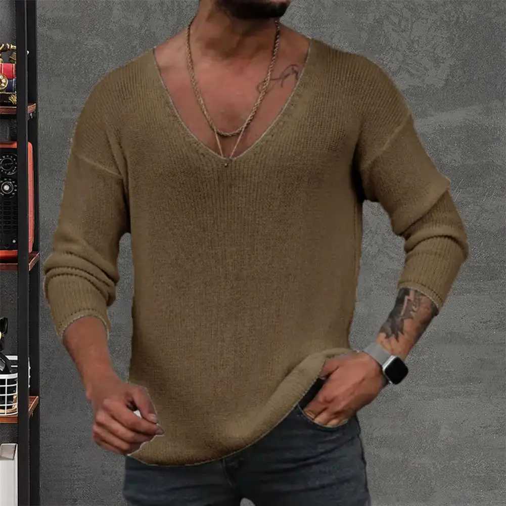 Men Spring Autumn V-neck Long Sleeve Sweater Loose Fit Solid Color Bottoming Pullover Tops Simple Casual Knitting Tee Tops LX241024