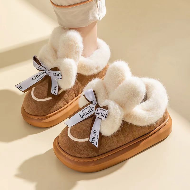 Women's Winter Cotton Slippers | Indoor Outdoor Warm Flat Bottom Cute Style, Brown/Khaki 5c93