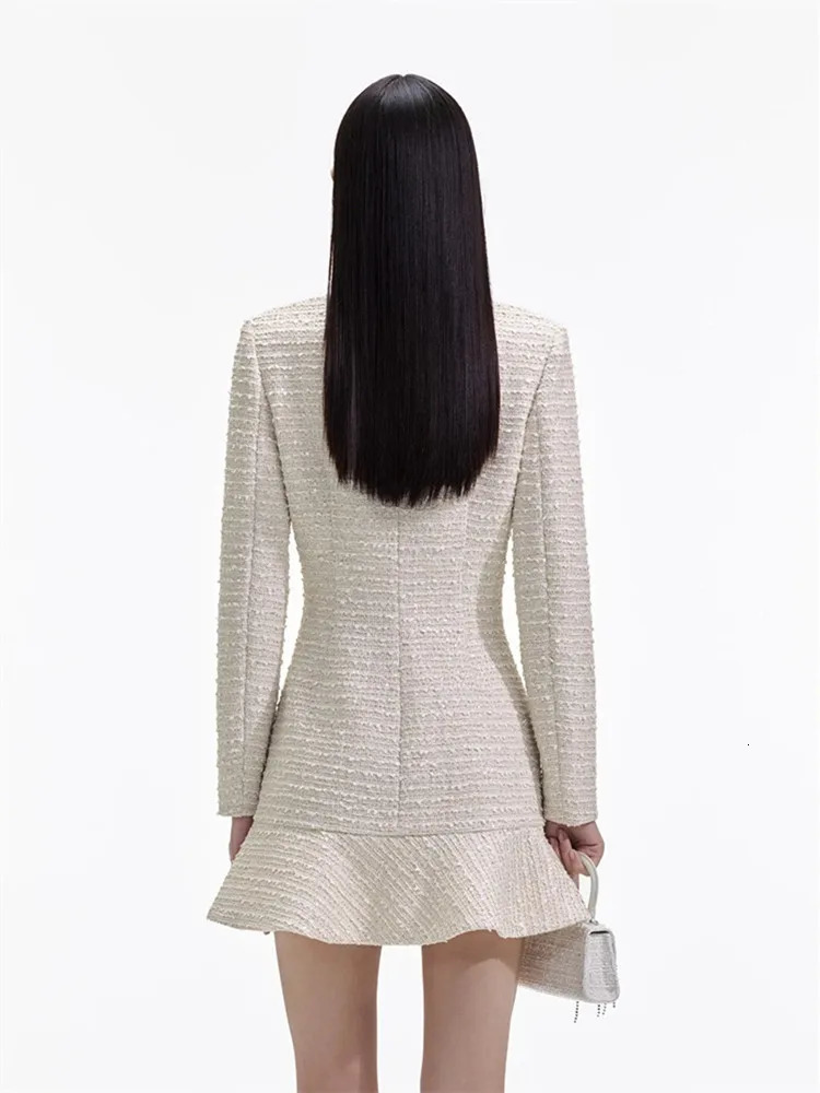 autumn womens coarse tweed pleated mini dress with pearl rhinestone buttons womens round neck long sleeved elegant short dress 241023