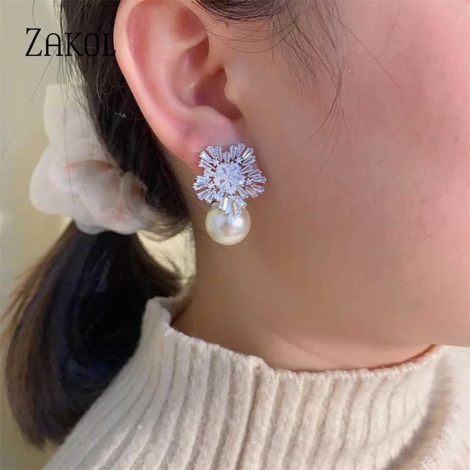 ZAKOL Korean Fashion Round Simulated Pearl Snowdrop Earrings Suitable for Elegant Women Cz Zirconia Bridal Jewelry EP075 W241023