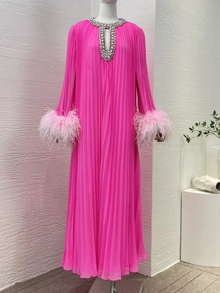 IEQJ pleated feather diamond patchwork womens long sleeved loose elegant dress clothing 36A2956 241024